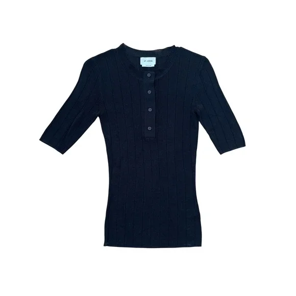 St. John Womens Ribbed Henley Knit Top Black Elbow Sleeve XS Rayon - Picture 2 of 4